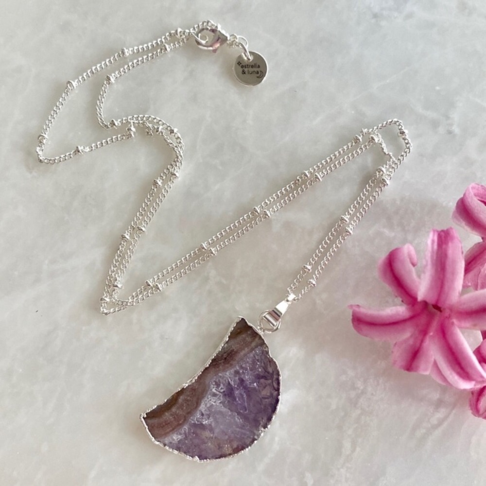 Raw Amethyst Slice Silver Moon Pendant Nec… - Picture 3 of 6